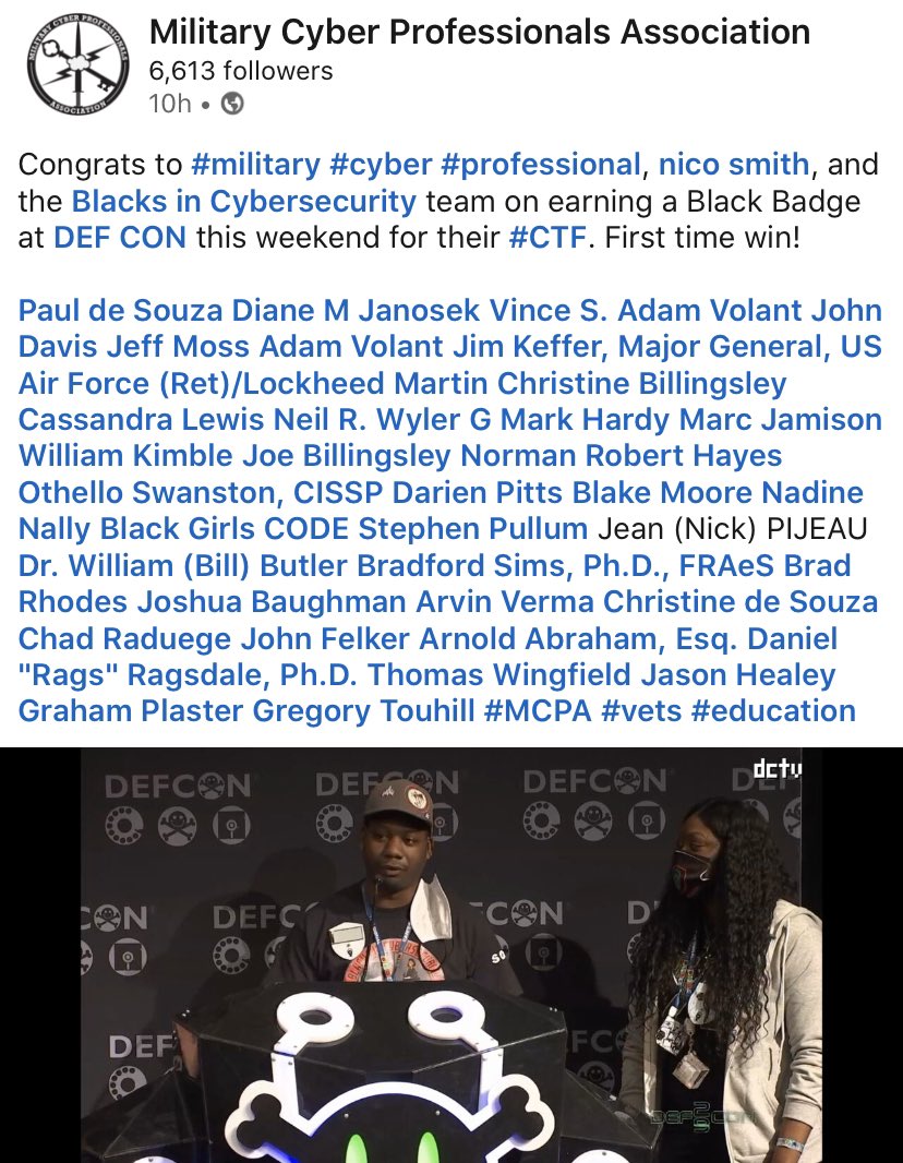 BlackInCyberCo1's tweet photo. Thank you to MCPA for the shout out!

@comp_sci_barbie 
@nicolaismith1 

#BlacksInCyber #BIC_Village
#BlacksInCybersecurity 
#LitLikeBIC 
#BIC #blackincyber #blackincybersecurity #socksctf https://t.co/R9R9x5NnNF