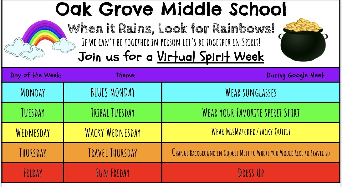 OGMSWarriors's tweet photo. Virtual spirit week! Post your pictures in the comments or on social media and use the hashtags #ogmstheoriginalgrove and #warriortradition! https://t.co/Uh657Txmgx
