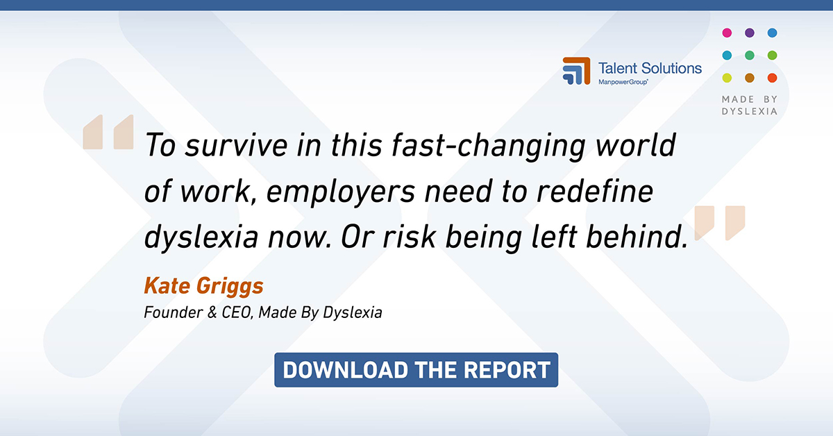 A brilliant new report by <a href="/MadeByDyslexia/">Made By Dyslexia</a> and <a href="/MPG_TSolutions/">ManpowerGroup Talent Solutions</a> highlights how employing people with dyslexia can strengthen your business and address talent challenges. Take a look: madebydyslexia.org/The-Dyslexic-D… 

#TheDyslexicDynamic