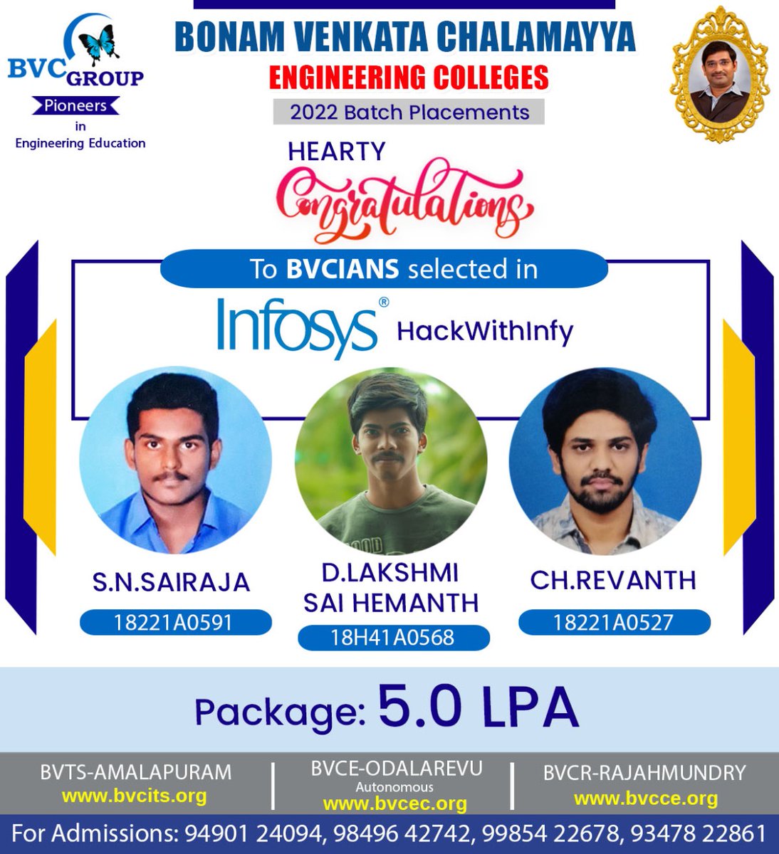 BvcColleges's tweet photo. Hearty Congratulations to BVCIANS selected in Infosys Hackwithinfy
Contact us: 9490124094
Visit us: https://t.co/5Mc75NQYJQ
#bvc #bvcgroup #bestengineeringcolleges #AdmissionsOpen #topengineeringcolleges #rajahmundry #odalarevu #amalapuram #Infosys #HackWithInfy https://t.co/CMP7CKFptH