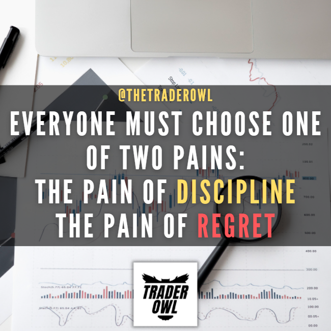 thetraderowl's tweet photo. Everyone must choose one of TWO PAINS, the pain of DISCIPLINE or the pain of REGRET.
#traderslife #tradersclub #billionaire #Mindset https://t.co/SGlvJGvCz0