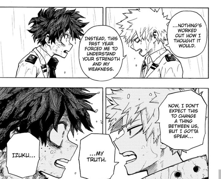 Compare the top panels and the bottom ones. The rain literally turned to drops instead of dashes. Time SLOWED as Katsuki called him Izuku...

#BKDKAPOLOGY #SaveToWin #WinToSave #bnha322 