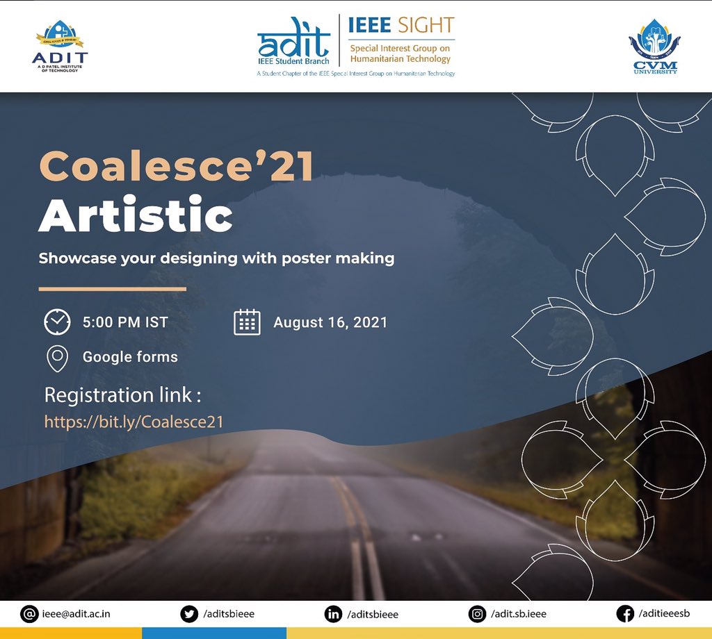 adit_cvmu's tweet photo. ADIT-CVMU
IEEE SIGHT Affinity Group, A.D. Patel Institute of Technology, CVM University expresses its utter joy in presenting you "Artistic : Showcase your designing with poster making" under Coalesce'21

#cvmuniversity #cvm #adit_cvmuniversity #adit #ieee #ieeesbadit #ieeesight https://t.co/Tk3xlmEGEz