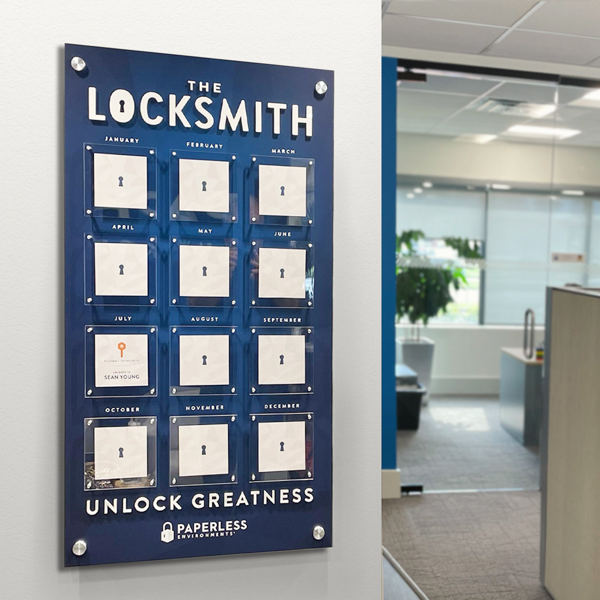 paperlessenv's tweet photo. Introducing the newest installation to the Paperless Environments office: #TheLocksmith! Each month, one of our team members will be recognized for exemplifying the Paperless Core Values in their work throughout the month. #TeamPaperless https://t.co/fJceaweHeq