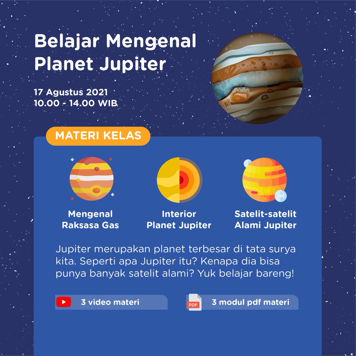 infoAstronomy's tweet photo. ✨ Ikutan belajar di kelas online gratis yuk! ✨

Mulai bulan ini, setiap bulannya akan ada 1 kelas online gratis di BelajarAstro. Nah, untuk Agustus 2021 ini, tema kelas online gratisnya adalah Belajar Mengenal Planet Jupiter~

Daftar di sini: https://t.co/BTnx08Ys0n https://t.co/7MxyJnhCIB