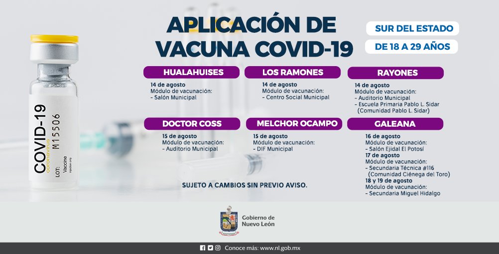 nuevoleon's tweet photo. Te presentamos las fechas y módulos de vacunación, de primeras dosis, para adultos de 18 a 29 años en el Sur de Nuevo León. Además, se aplicarán rezagos de primeras dosis de 30 años en adelante. 
1/2 https://t.co/J3RkUUEic1