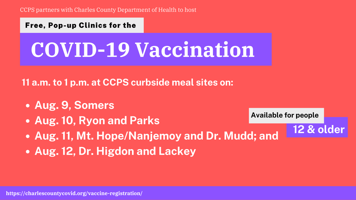 CCPS's tweet photo. The @CCDH_Maryland is holding free COVID-19 vaccination clinics at CCPS meal sites 11 a.m.-1 p.m. on certain days.

Learn more at https://t.co/sJ3qI9fOS6 https://t.co/4Tlz4yJNIi