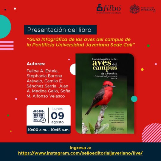 Hoy a las 10am es el lanzamiento de la “Guía Infográfica de las aves del campus de la Javeriana Cali”.
Transmisión en vivo por Instagram  (cuenta: selloeditorialjaveriano). 
<a href="/SelloJaveriano/">Sello Editorial Javeriano Cali</a> <a href="/javerianacali/">Javeriana Cali</a> @felipe_estela