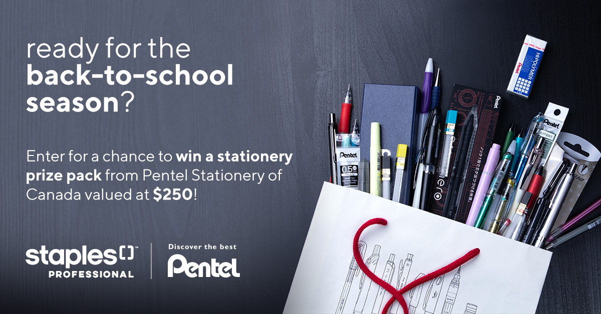 StaplesProf's tweet photo. You could win a #BacktoSchool stationery prize pack from Pentel Canada valued at $250!
To enter, follow @StaplesProf, tell us what you or a loved one hopes to learn this school year, tag a friend and use #SPBacktoSchool.
T&Cs: https://t.co/L2CqvVgGkX #StaplesProfessional https://t.co/P13F8tYW6z