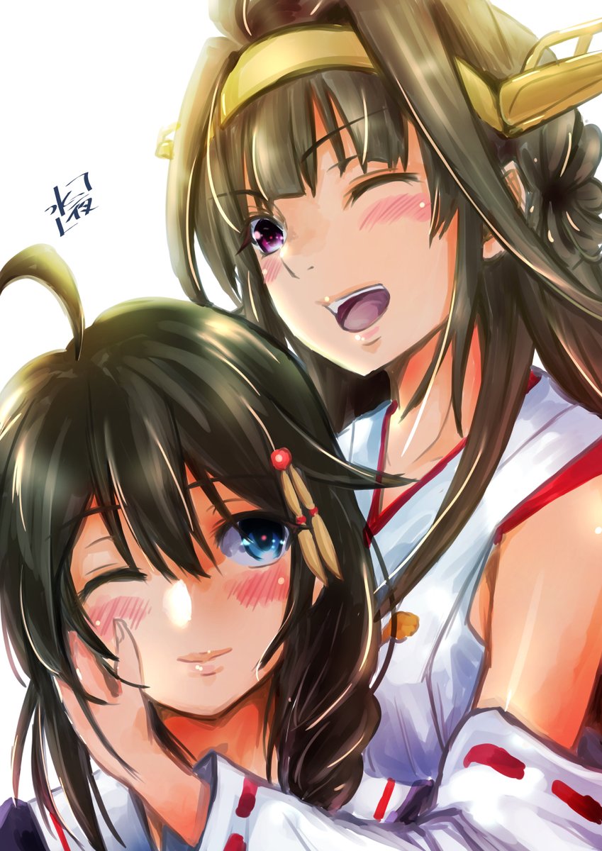 kongou (kancolle) ,shigure (kancolle) multiple girls 2girls one eye closed ahoge brown hair braid blue eyes  illustration images