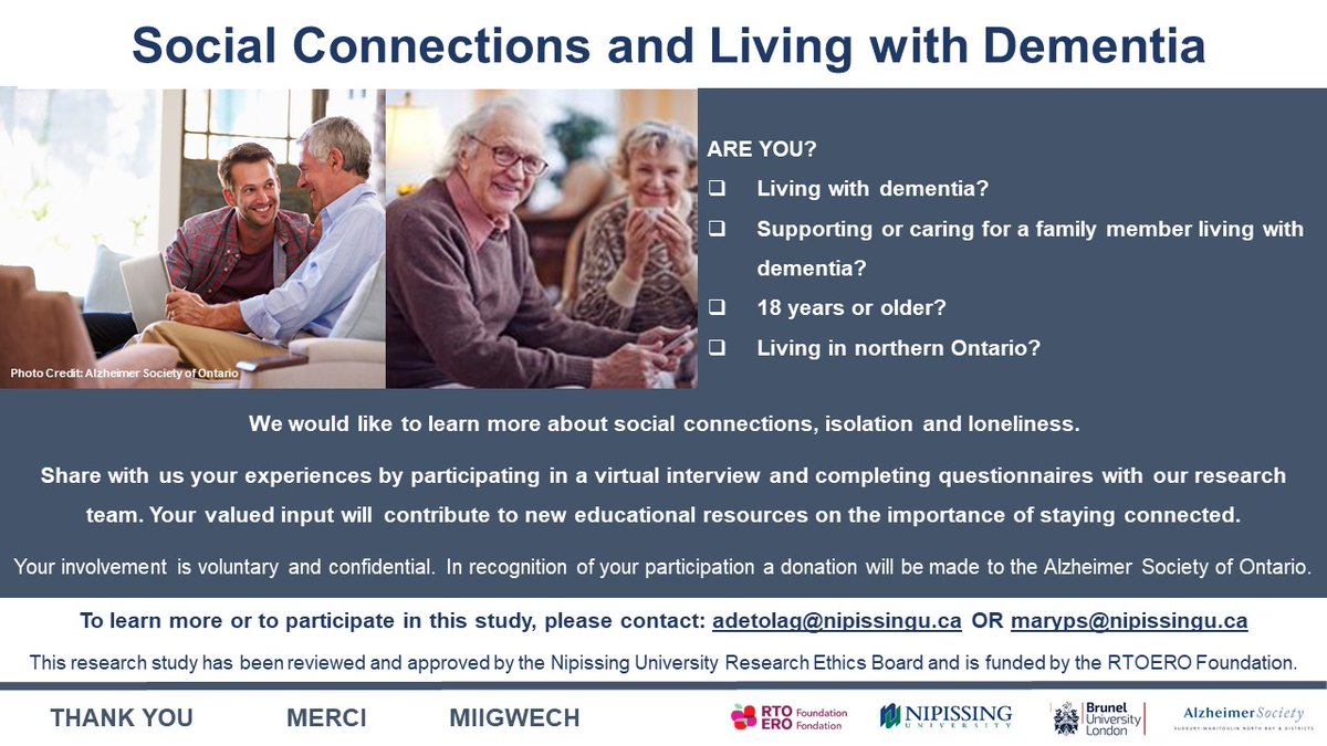 New study funded by <a href="/RTO_Foundation/">RTOERO Foundation</a> exploring #social connections and living with #dementia in #northern Ontario.