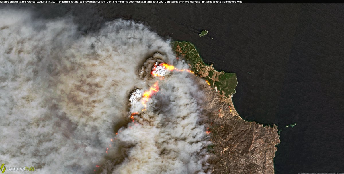 Satellite image of a wildfire on Evia Island, Greece. Copernicus/Pierre Markuse