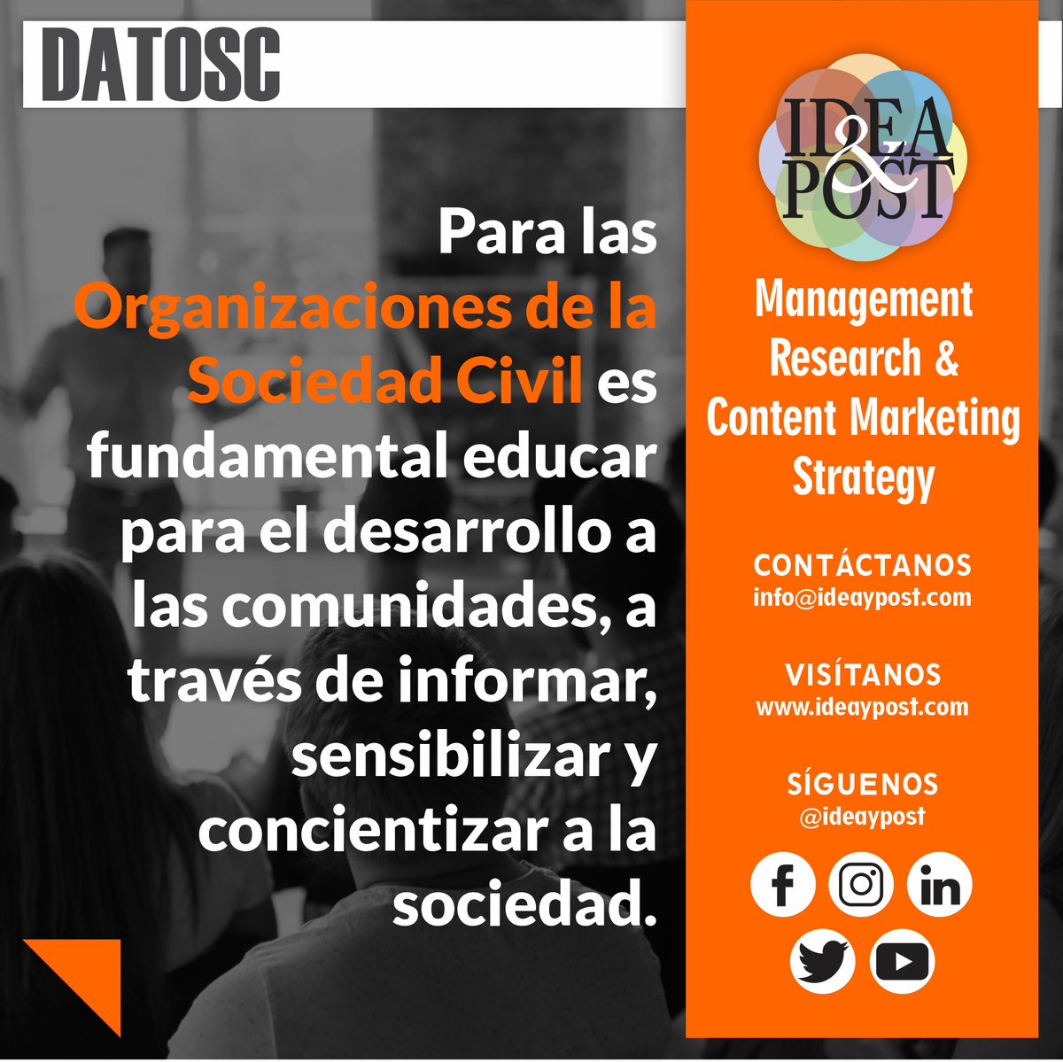 ideaypost's tweet image. Las organizaciones de la sociedad civil realizan un especial esfuerzo en concientizar a la sociedad sobre los problemas sociales. 

Síguenos en #ideaypost o visita nuestro #blog en ideaypost.com y conoce más #datosc sobre las Organizaciones de la Sociedad Civil.