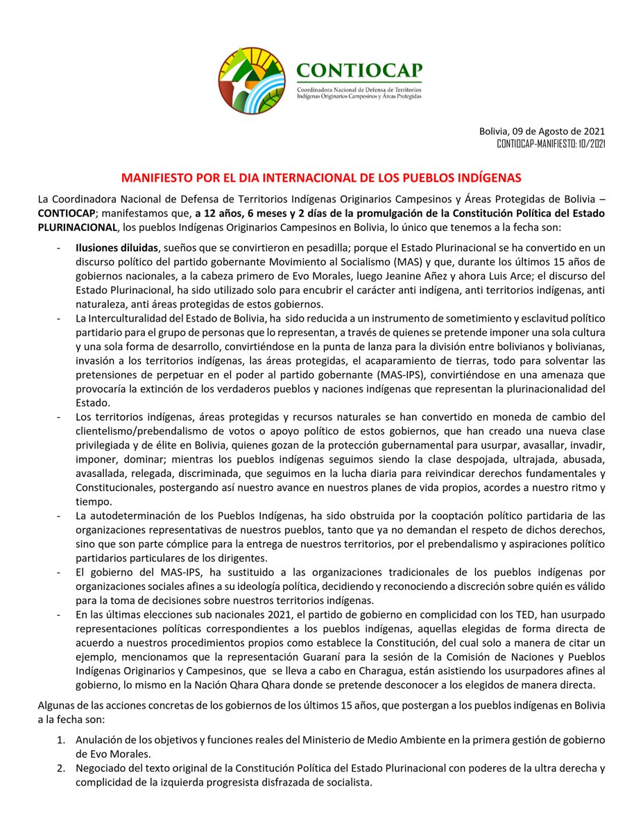contiocap's tweet photo. Hoy, en el #DiaPueblosIndigenas compartimos nuestra palabra sobre la situación de los #PueblosIndígenas #IndigenousPeople en #Bolivia.
@Oacnudh_BO @totonia68 @RelatorDd @LeroToribia @CeciliaMoyoviri @CeciRequena @FlaviaPiovesan https://t.co/6lL3gI8u7c