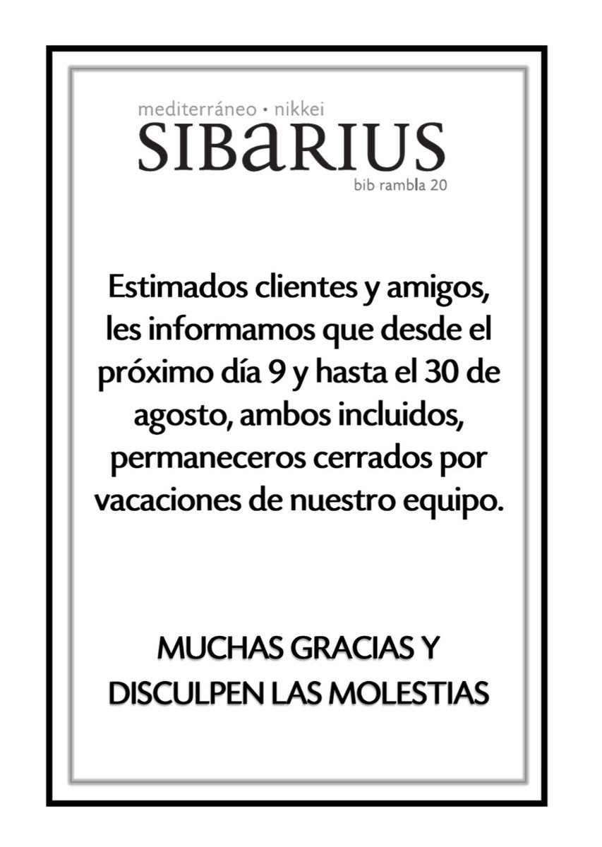 Desde hoy hasta el próximo día 30 inclusive Sibarius permanecerá cerrado por vacaciones. Os esperamos a partir de 31 de Agosto, con pilas cargadas.
#granada #restaurantegranada #sibariusandaluciasegura #cerradoporvacaciones #restaurantegranada #turismo