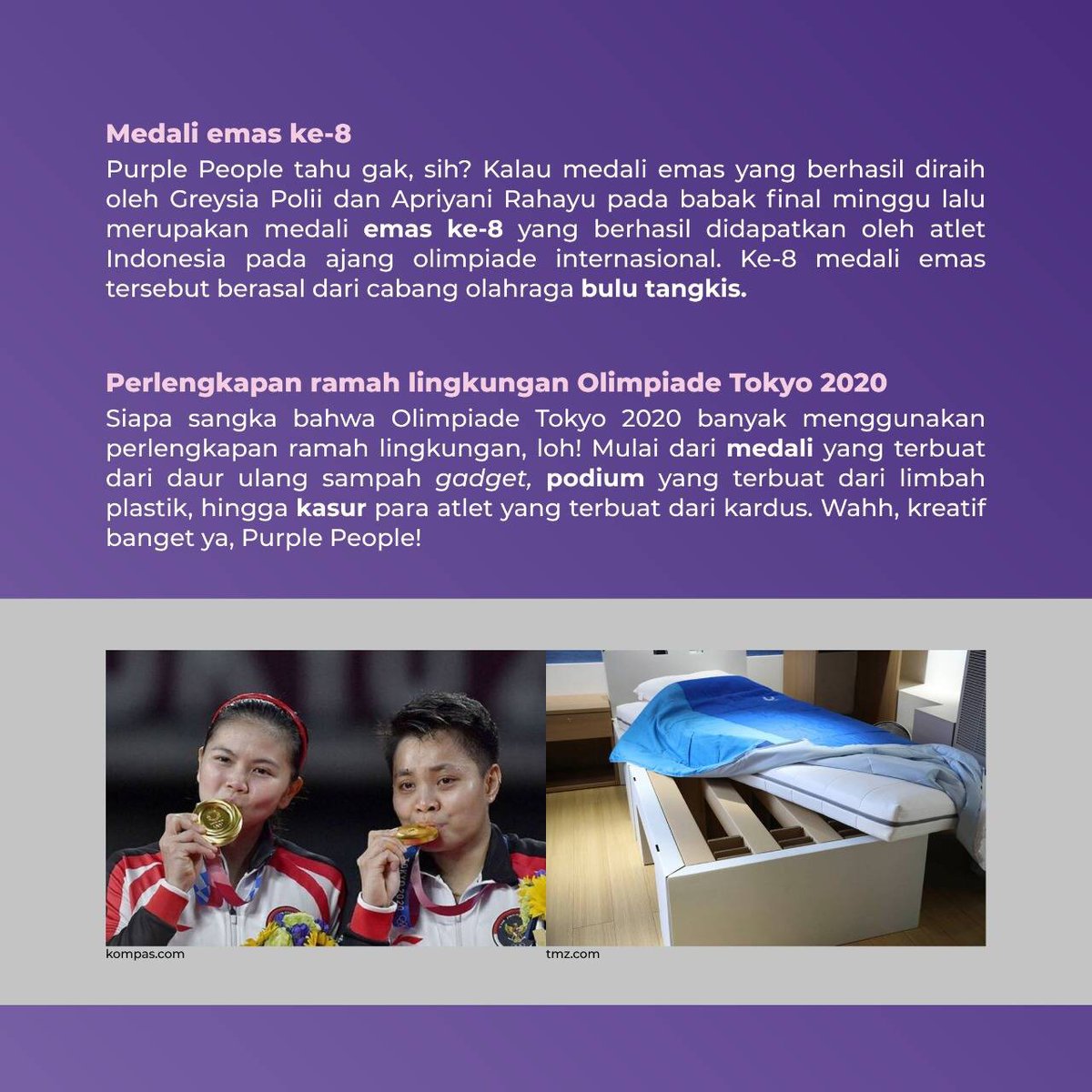 himamankom's tweet photo. [MONDAY #13: #MondayFunFact OLIMPIADE TOKYO 2020]

Halo, Purple People 👋🏼
Ternyata benar ya kalau olahraga adalah ajang untuk mempersatukan Indonesia seperti saat Olimpiade Tokyo 2020 kemarin. Yuk Purple People simak hal menarik apa saja selama Olimpiade Tokyo 2020 #Olympics https://t.co/Nt7IfJ3SUr