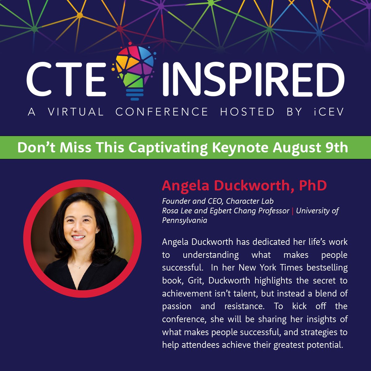 iCEVonline's tweet photo. Who's ready for #CTEInspired? Join us at 10 a.m. CST for Dr. Angela Duckworth's keynote address about grit and resiliency. https://t.co/LUhvfCtRvm https://t.co/0AufYYwZiG