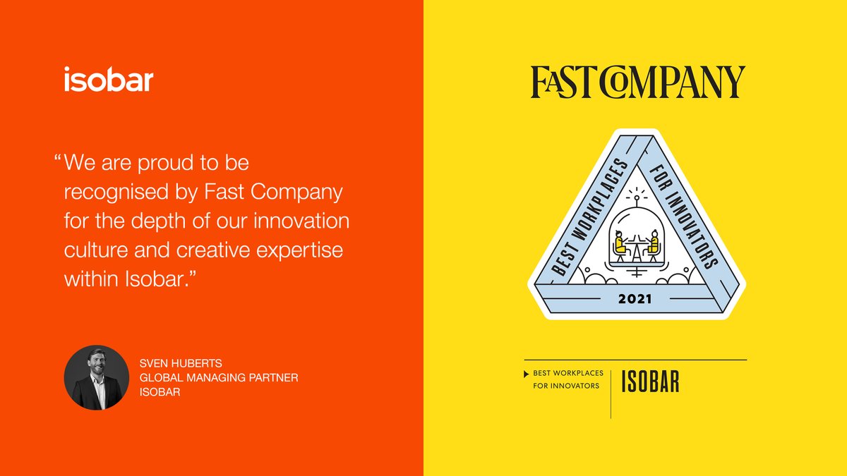 DentsuCRTV's tweet photo. Isobar Global Managing Director Sven Huberts shares his thoughts on Isobar making one of @FastCompany's Best Workplaces for Innovators 2021. Read all the details here 👉 https://t.co/tz5gOBJqdY
#Inventmakechange #FCBestWorkplaces https://t.co/tQugP3QGrb