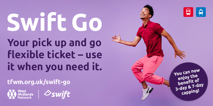 TransportForWM's tweet photo. A great flexible ticket option for travelling to work in a hybrid way ๐๐๐
or heading into the city to socialise with friends๐ฃ๐๐ป
Learn more about SwiftGo and 3 & 7-day capping today: https://t.co/qpj9W6T78f
#HybridWork #capping #WestMidlands #swiftcard #birmingham https://t.co/kr6ZGpTJfo