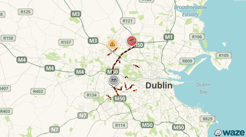 WazeTrafficDUB's tweet photo. Avoid M50 S #dublintraffic. You'll be stuck 25m longer than usual https://t.co/qVNWWf18Qx https://t.co/FsJbJg62Z1