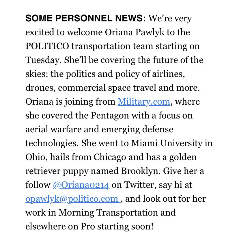 Oriana0214's tweet image. ~Personal news~: Starting this week, I’m joining @politico as its new aviation reporter, covering commercial aviation and space on the transportation team. Send tips and more to opawlyk@politico.com