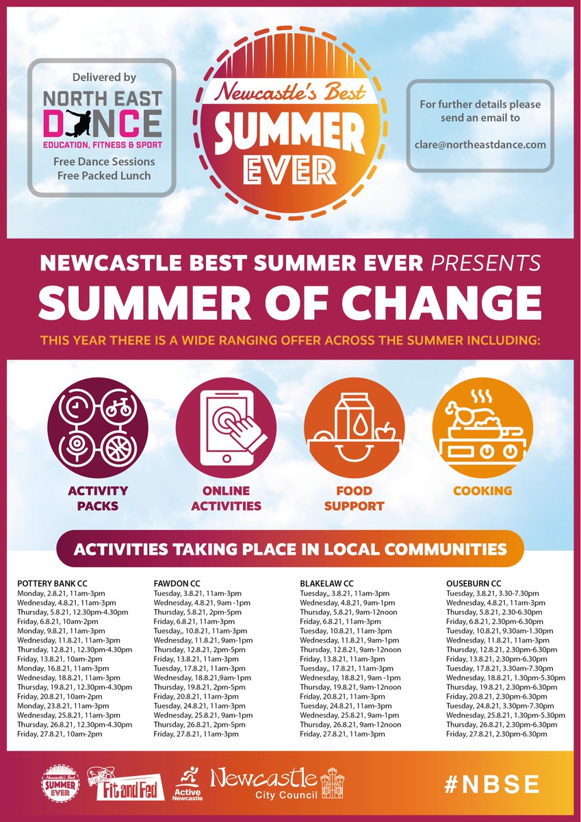 NEWCASTLE BEST SUMMER EVER!!!
All dance sessions are FREE for children age 5 + and include a FREE packed lunch!
If you would like to book your child onto any of the sessions below please email clare@northeastdance.com
#HAF
Please share!