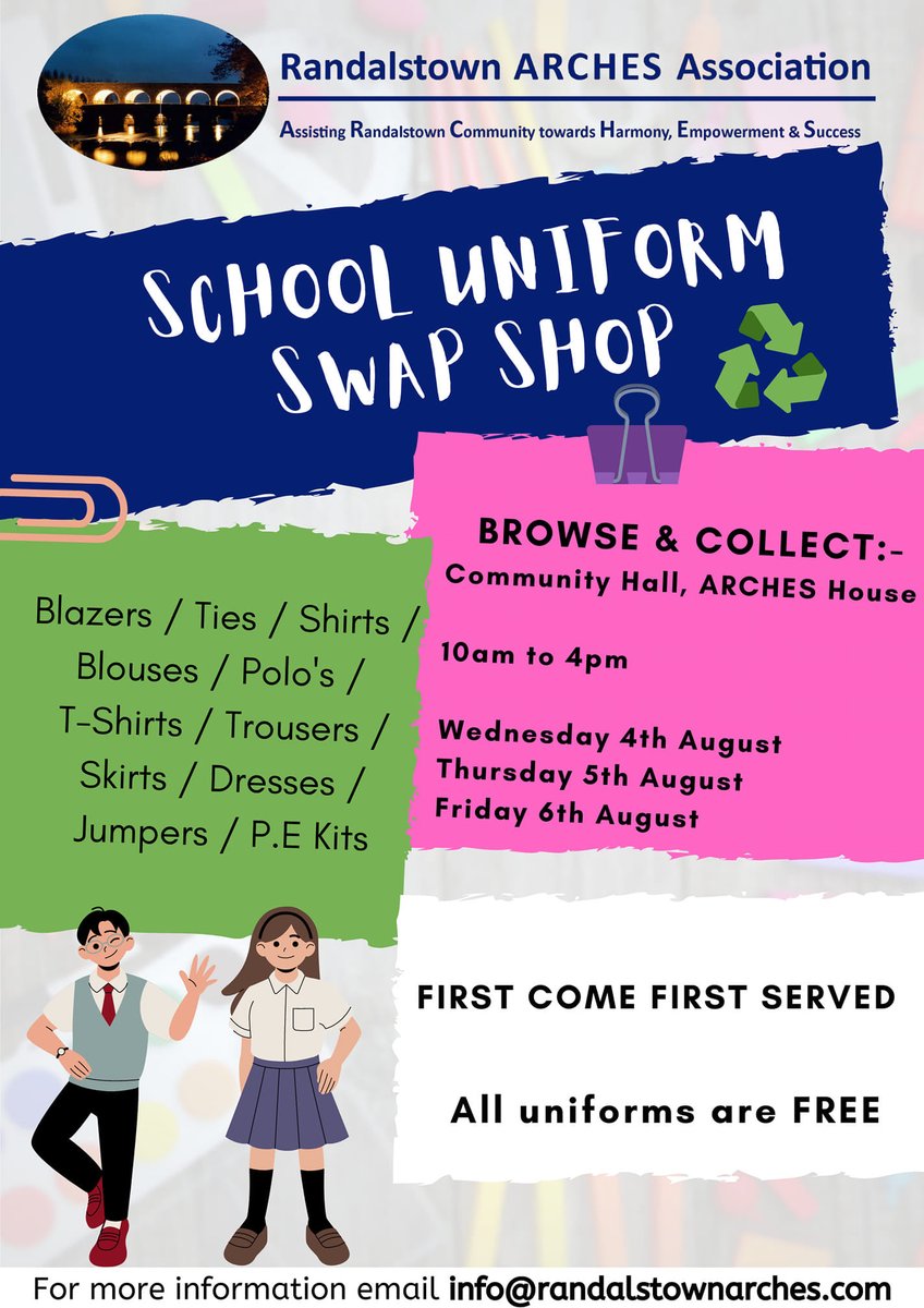 🟢 ADDED DATES 🟢 

There will be two more dates added to the School Uniform Swap Shop Browse and Collect sessions in Arches Hall:

Friday 13th August 7-9PM
Saturday 14th August – 9AM-12Noon

Our current inventory is listed at randalstownarches.com/school-uniform…