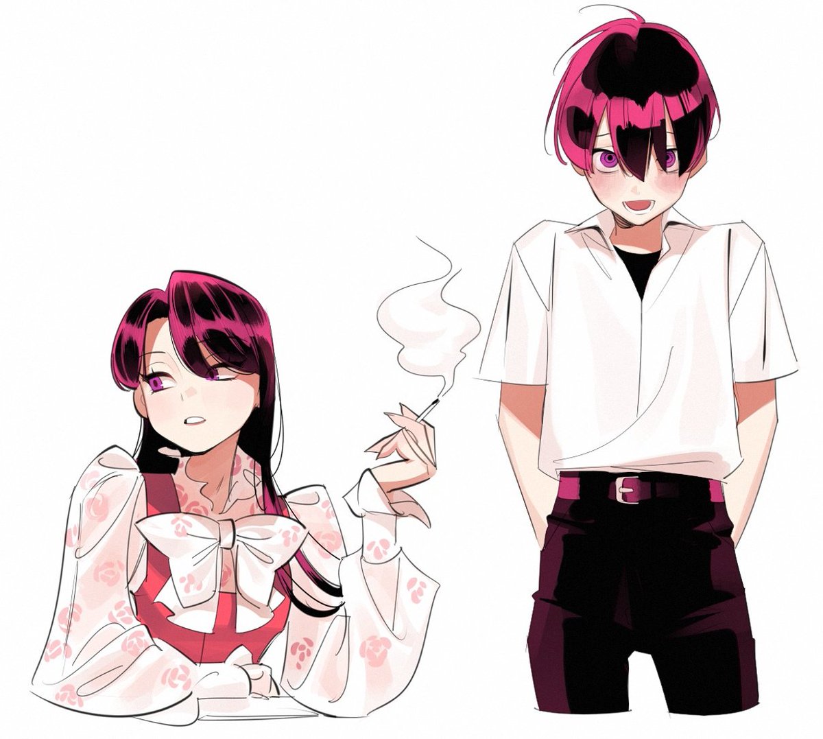1girl 1boy cigarette holding cigarette purple eyes shirt smoke  illustration images