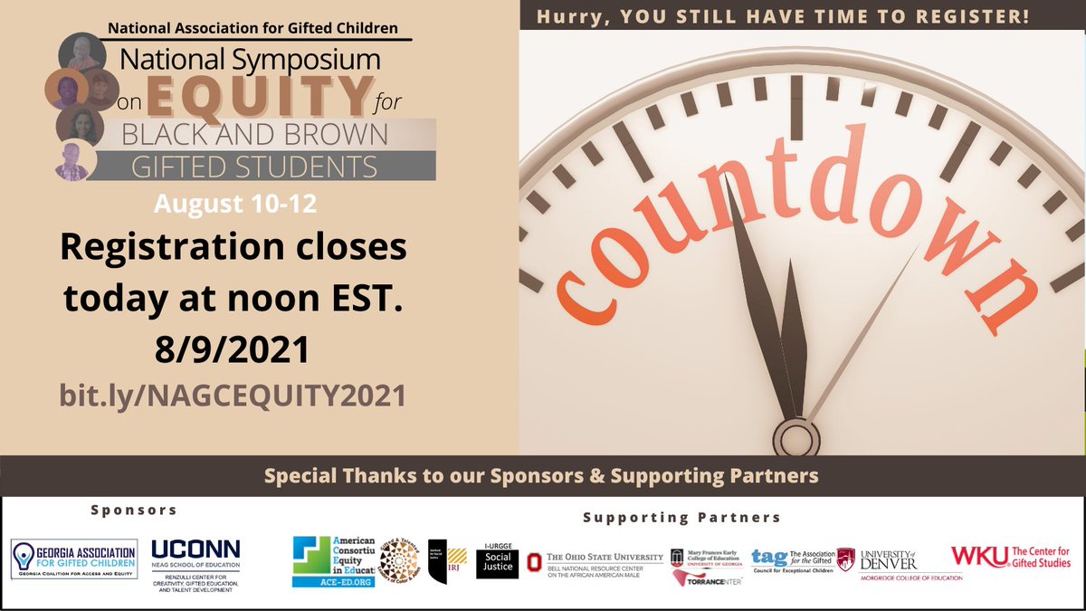 There is only a short time left to register for NAGC's first-ever National Symposium on Equity for  Black &amp; Brown Gifted Children! See more details and register at buff.ly/3vzxnfR #equity #gifted #DEI