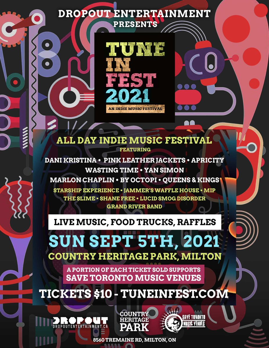 Come check out some live outdoor music at <a href="/CHeritagePark/">CountryHeritagePark</a> - feat performances by <a href="/itsdanikristina/">𝐝𝐚𝐧𝐢𝐣𝐞𝐥𝐚 ༄</a>, <a href="/PLJmusic/">Pink Leather Jackets</a>, Apricity, <a href="/WastingTimeTO/">Wasting Time</a>, Yan Simon, <a href="/MarlonChaplin/">Marlon Chaplin</a>, By Octopi, <a href="/Queens3Kings/">Queens & Kings</a> and more! Visit tuneinfest.com for tix. #musicfest #music #indiemusic