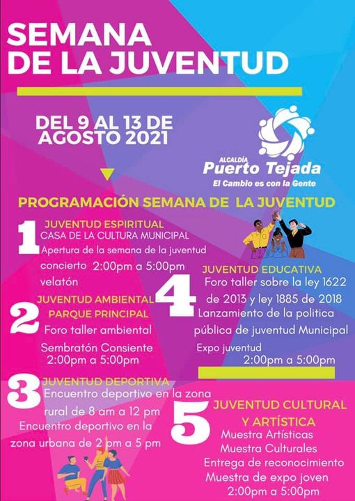 PuertoTejadaC's tweet photo. En cabeza del alcalde Dagoberto Domínguez la secretaría de Gestión Social y Desarrollo Comunitario invita a la comunidad Juvenil a que sea parte de la semana de la juventud la cual se realizará del 9 al 13 de agosto. Anímate, te esperemos.
#GestionSPuertoTejada
#ElCambioEsConLaGe https://t.co/puYoj6wetL