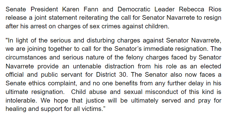 brahmresnik's tweet image. JUST IN In rare joint statement, Republican &amp;amp; Democratic leaders of Arizona Senate call on Democratic Sen. Tony Navarrete to resign.