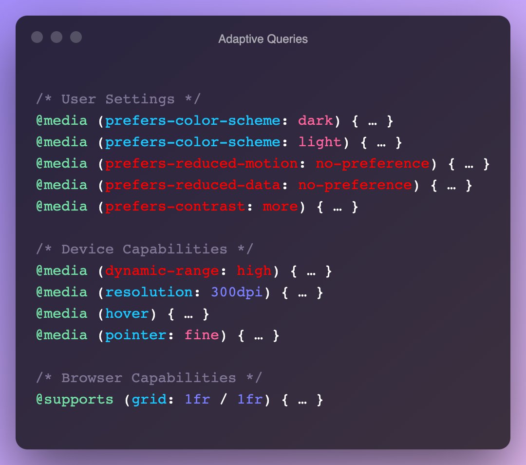 argyleink's tweet image. Responsive vs Adaptive Design
in #CSS with Media Queries

Saw bad advice, wanted to share my thoughts..
(see attached code)

[aside] 🤓
HTML &amp;amp; JavaScript can help designs adapt *even more* via support for translation, screen readers, keyboard, gamepad, touch, print and much more!