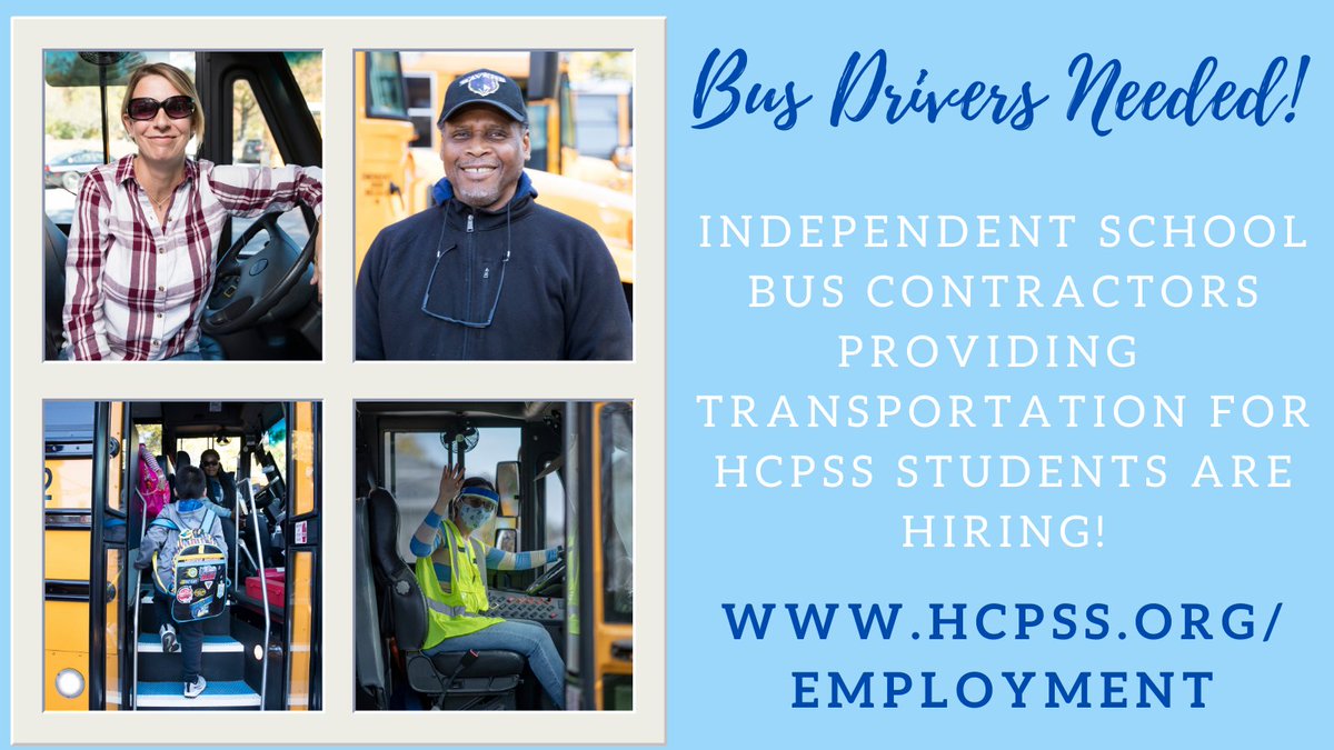 Hit the road and give #HoCoStudents a ride to school this year! Independent school bus contractors, which provide bus transportation for #HCPSS students, are hiring for the coming school year. Details online. #GetSetHCPSS hcpss.org/employment/sch…