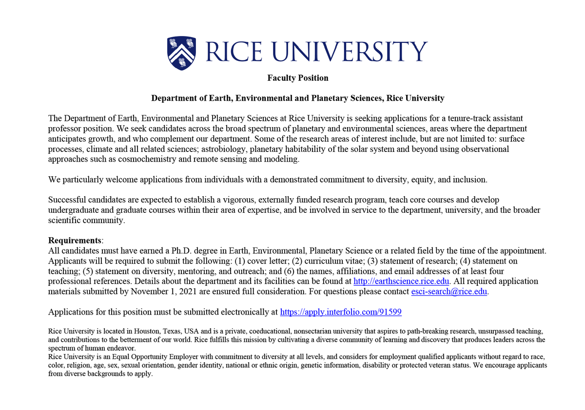 Rajdeep Dasgupta (@rdasgupta_earth) on Twitter photo 📢Assistant Professor Position📢
<a href="/RiceEarthSci/">Rice Earth, Environmental and Planetary Sciences</a> is seeking applications for a tenure-track assistant professor position across the broad spectrum of planetary and environmental sciences.
The application should be made at -
apply.interfolio.com/91599
Deadline: Nov 1, 2021 📢Assistant Professor Position📢
<a href="/RiceEarthSci/">Rice Earth, Environmental and Planetary Sciences</a> is seeking applications for a tenure-track assistant professor position across the broad spectrum of planetary and environmental sciences.
The application should be made at -
apply.interfolio.com/91599
Deadline: Nov 1, 2021