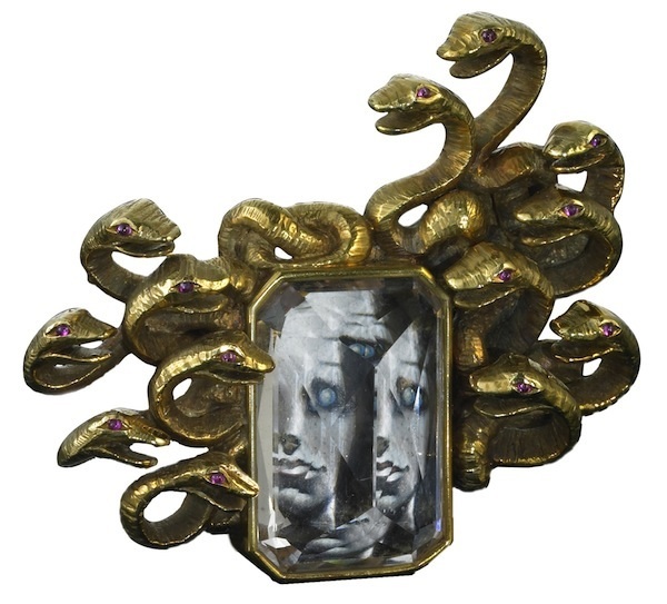 archaeologyart's tweet photo. “Medusa” brooch of gold, morganite, ruby and miniature painting by Salvador Dali, 1941. https://t.co/AQI0S0aE9d