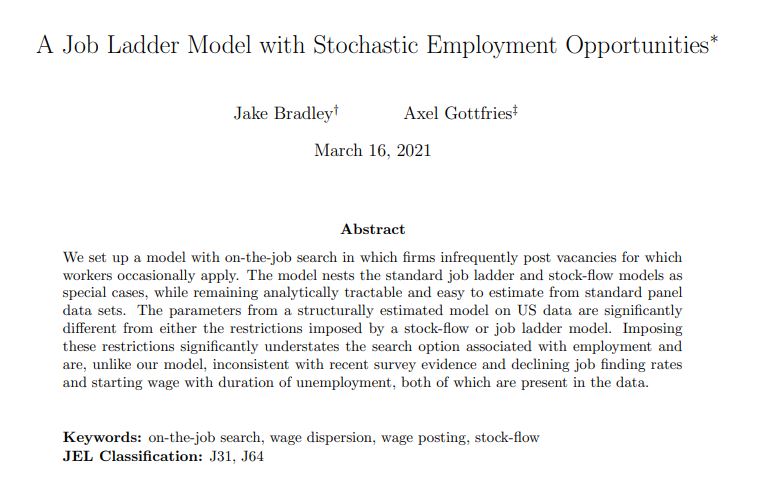 Quantitative Economics (@qe_editors) on Twitter photo A job ladder model meets stock-flow matching! Implications: job finding rates and starting wages declining with unemployment duration; large wage losses following displacement; wage dispersion consistent with the data with a ‘sensible’ replacement rate qeconomics.org/ojs/index.php/… A job ladder model meets stock-flow matching! Implications: job finding rates and starting wages declining with unemployment duration; large wage losses following displacement; wage dispersion consistent with the data with a ‘sensible’ replacement rate qeconomics.org/ojs/index.php/…