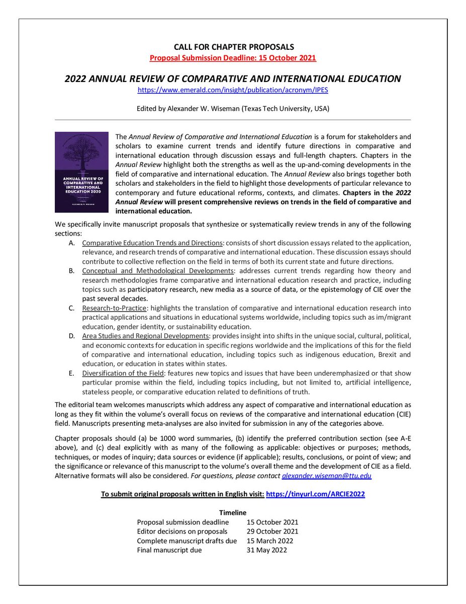 Accepting CHAPTER &amp; DISCUSSION ESSAY proposals for the 2022 Annual Review of Comparative &amp; International Education until October 15.

Submit your proposal in TODAY at this link: educttu.az1.qualtrics.com/jfe/form/SV_da…