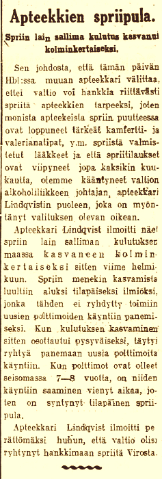 jouko_kokkonen's tweet photo. Apteekkari Lindqvist ilmoitti näet spriin lain salliman kulutuksen maassa kasvaneen kolminkertaiseksi
sitten helmikuun. Spriin menekin kasvamista luultiin aluksi tilapäiseksi ilmiöksi... Iltalehti 10.81921 #Suomi1921 #sprii #pirtu #kieltolaki https://t.co/46YPwRChXd
