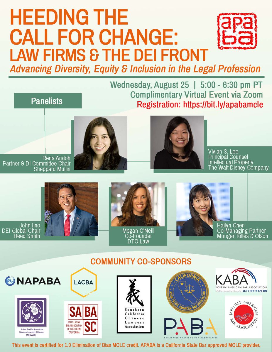 Please join APABA for this complimentary virtual event on Wednesday, August 25 at 5 p.m. (PT) as we discuss the efforts in advancing Diversity, Equity &amp; Inclusion in the legal profession.  RSVP at bit.ly/apabamcle
#DiversityandInclusion
