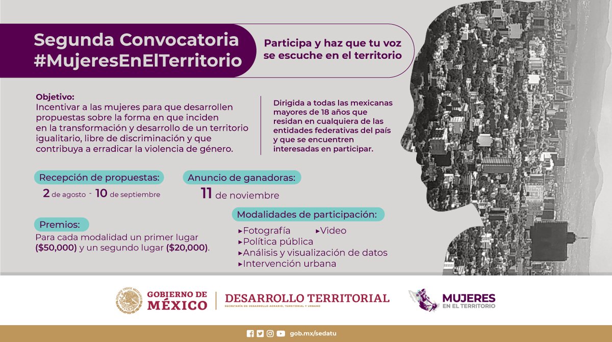 Participa en la segunda edición de la Convocatoria #MujeresEnElTerritorio.

Elige alguna de las cinco categorías (análisis y visualización de datos, fotografía, intervención urbana, política pública y video) y envía tu propuesta.

Checa las bases aquí: sistemas.sedatu.gob.mx/MET
