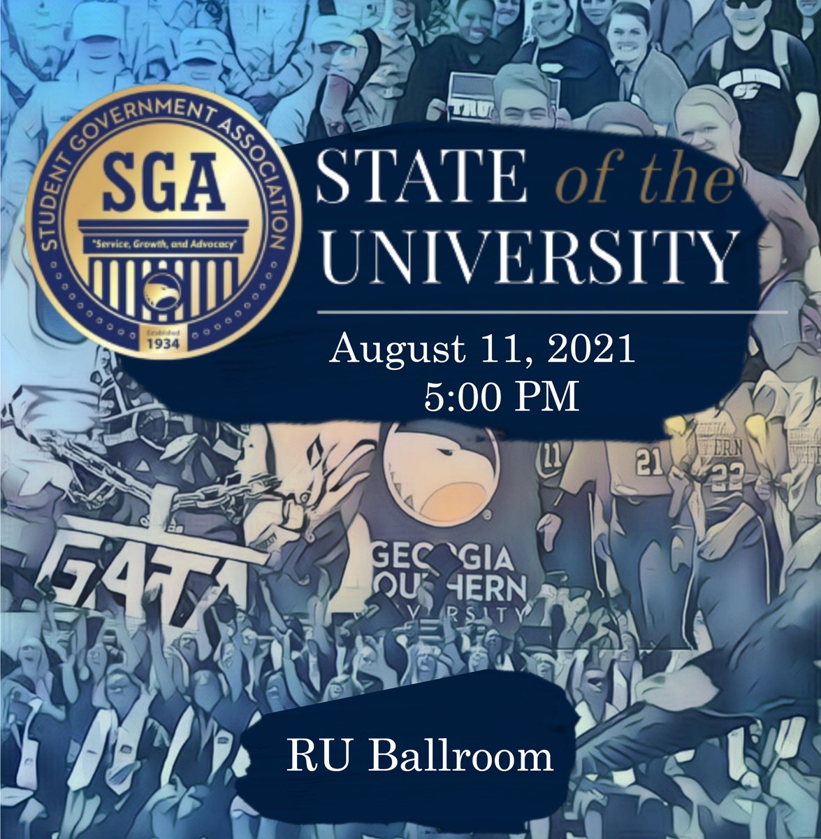 Happy Monday Eagle Nation! SGA invites you to join us and the University Administration this Wednesday at our State of the University (SoU). At SoU, you will be able to ask any questions regarding the school year ahead. Please DM us any questions you may have or send us an email!