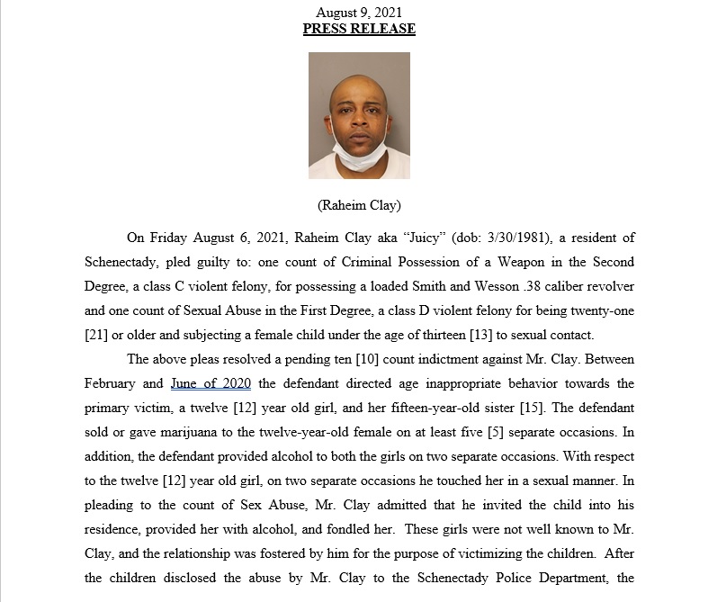 DASchenectady's tweet photo. Schenectady man pleads guilty to gun charge and sexual abuse of a child. Defendant to be sentenced to 10 years on October 8, 2021. Please see the attached press release. https://t.co/5tMHb1OUrH