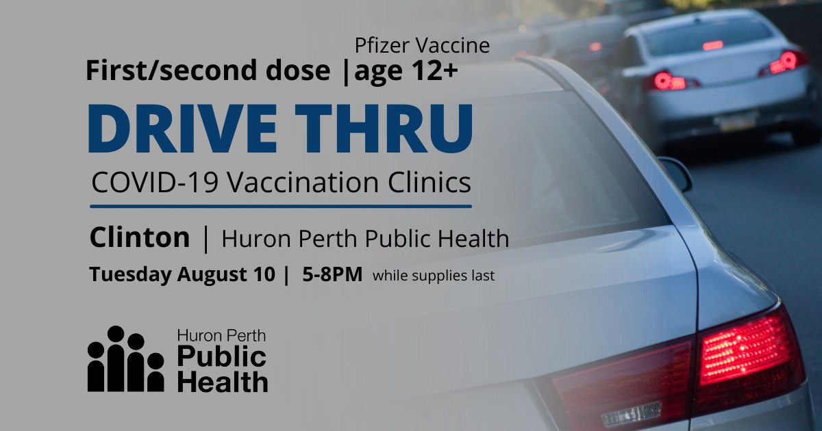Getting your #COVID19Vaccine (Pfizer) is this easy! Visit our Clinton DRIVE THRU clinic (77722B London Road, Hwy 4 South) Tuesday, August 10 | 5-8PM. No appointment necessary. Bring the family &amp; #GetVaxxed in the comfort of your own car! See details: hpph.ca/WalkIn