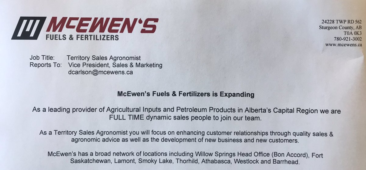 McEwensFF (@mcewensff) on Twitter photo 💥We’re hiring!💥 McEwen’s Fuels & Fertilizers is expanding our team and looking to add talented sales agronomists to our team. Full ad to come out soon but if interested please reach out to: dcarlson@mcewens.ca 💥We’re hiring!💥 McEwen’s Fuels & Fertilizers is expanding our team and looking to add talented sales agronomists to our team. Full ad to come out soon but if interested please reach out to: dcarlson@mcewens.ca