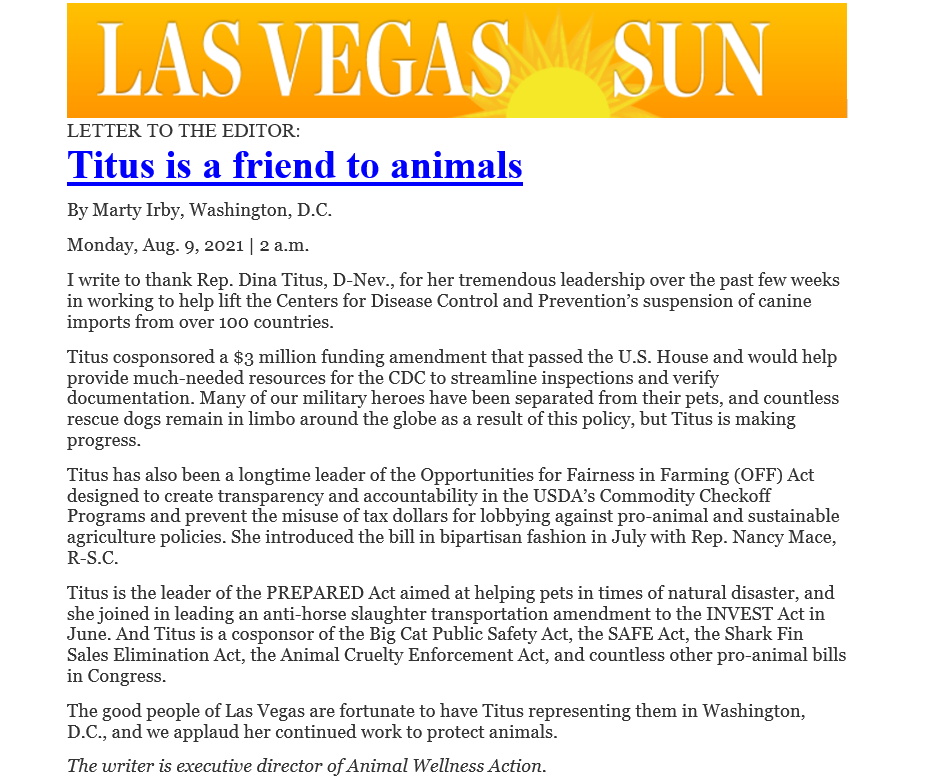 MartyIrby's tweet photo. We're so grateful for the amazing & dedicated work of @RepDinaTitus who just championed 2 animal protection amendments that passed the House & leads the #OFFAct & #PREPAREDAct as well. Bravo, Rep. Titus, bravo.
RT my LTE in @LasVegasSun & thank her ⤵️
https://t.co/HcYBzMQLsP 🐶 https://t.co/PwXw2Tanpm