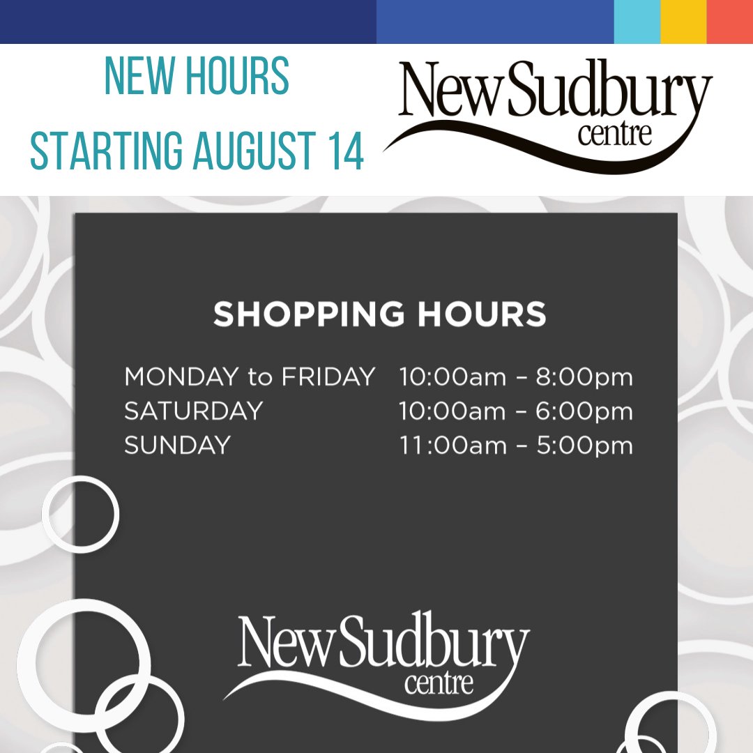 New Hours Coming Soon!

Starting Saturday, August 14th, New Sudbury Centre will be extending our current shopping hours.