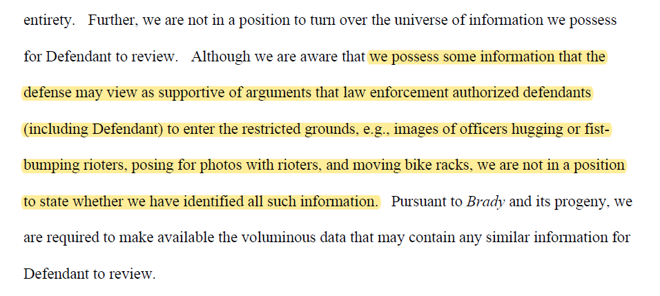 Techno_Fog's tweet photo. DOJ January 6 evidence that has not yet been produced to the criminal defendants:

"We possess some information that . . . law enforcement authorized [people] to enter the restricted grounds..."

👀 https://t.co/8wO47OBWkh