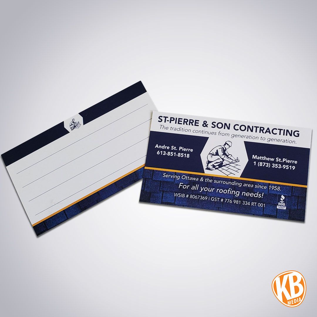 KB_Media_Corp's tweet photo. Business cards are a powerful tool. These promotional items are the perfect reminder of what your brand is all about and how to get in touch with you. Take a look at these business cards we created for St-Pierre and Son Contracting - a card that shows off their brand. https://t.co/g62Kl3zZql