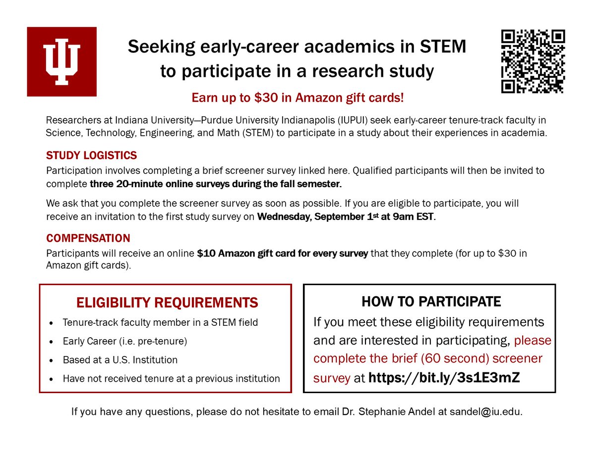 Are you an early career tenure-track faculty in a #STEM field? Tell us about your experiences in #academia! Participants will be compensated $10 for each of the 3 surveys they complete. 
 
Interested? Complete the pre-screen survey at bit.ly/3s1E3mZ 

#AcademicChatter